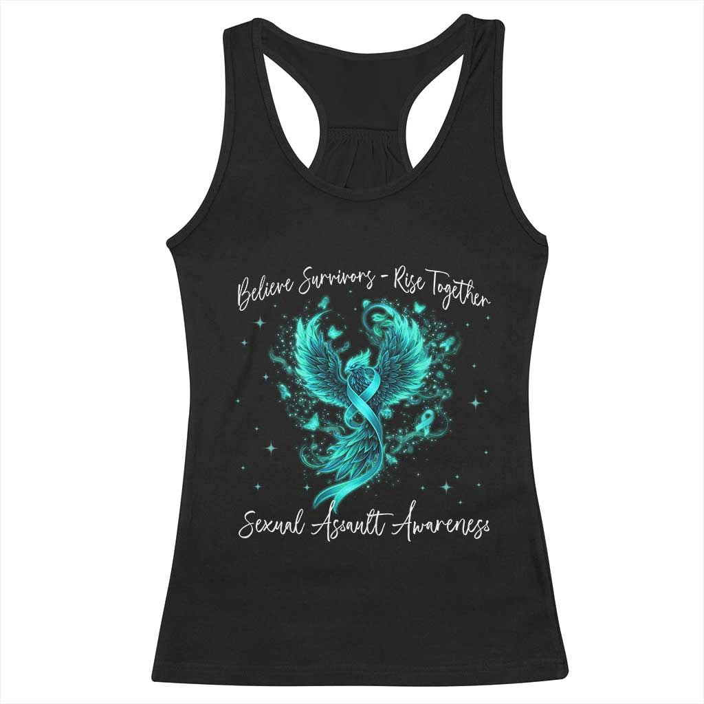 Sexual Assault Awareness Racerback Tank Top Phoenix Bird Reborn Rising Born Again Firebird Teal Ribbon TS10 Black Print Your Wear