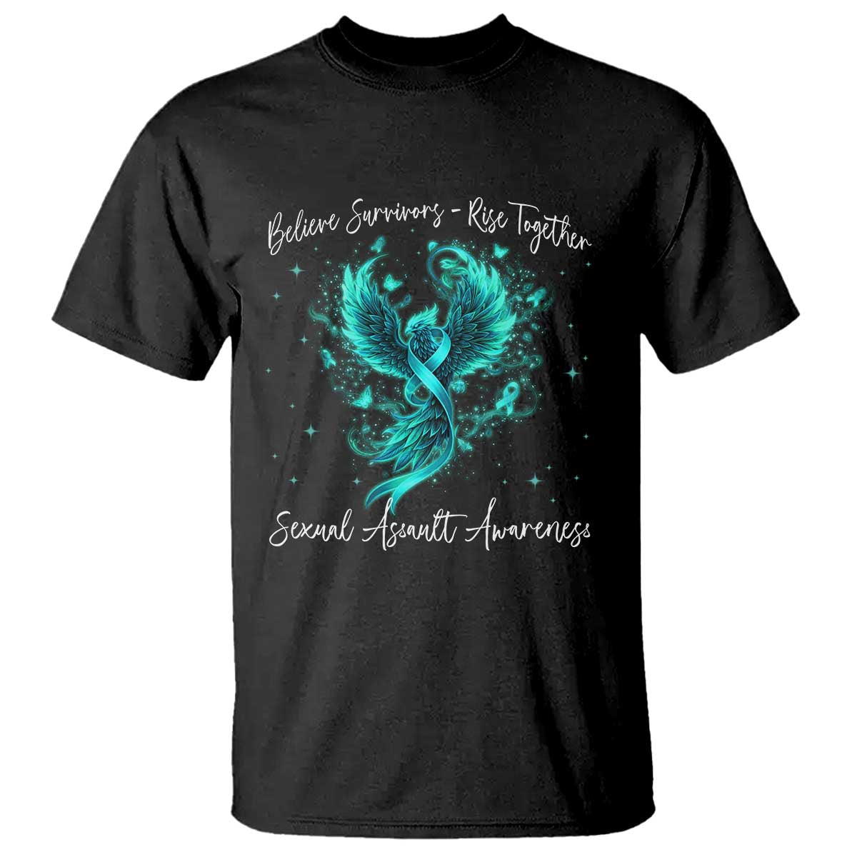 Sexual Assault Awareness T Shirt - Phoenix Bird Reborn Rising Firebird Teal Ribbon Awareness Tee TS10 Black Print Your Wear