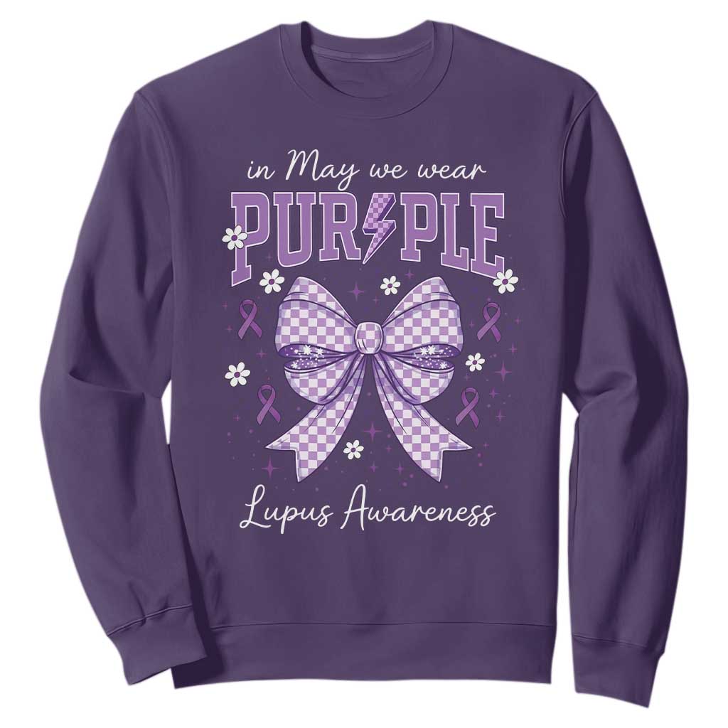 In May We Wear Purple Lupus Awareness Sweatshirt Purple Ribbon Coquette Bow TS10 Purple Print Your Wear
