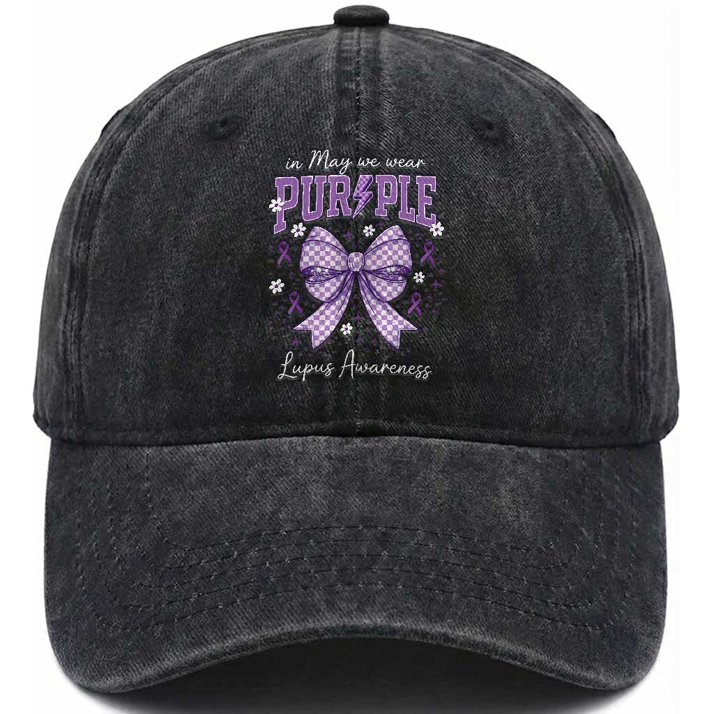 In May We Wear Purple Lupus Awareness Washed Cotton Baseball Cap Purple Ribbon Coquette Bow TS10 Washed Cap Universal Fit Black Print Your Wear