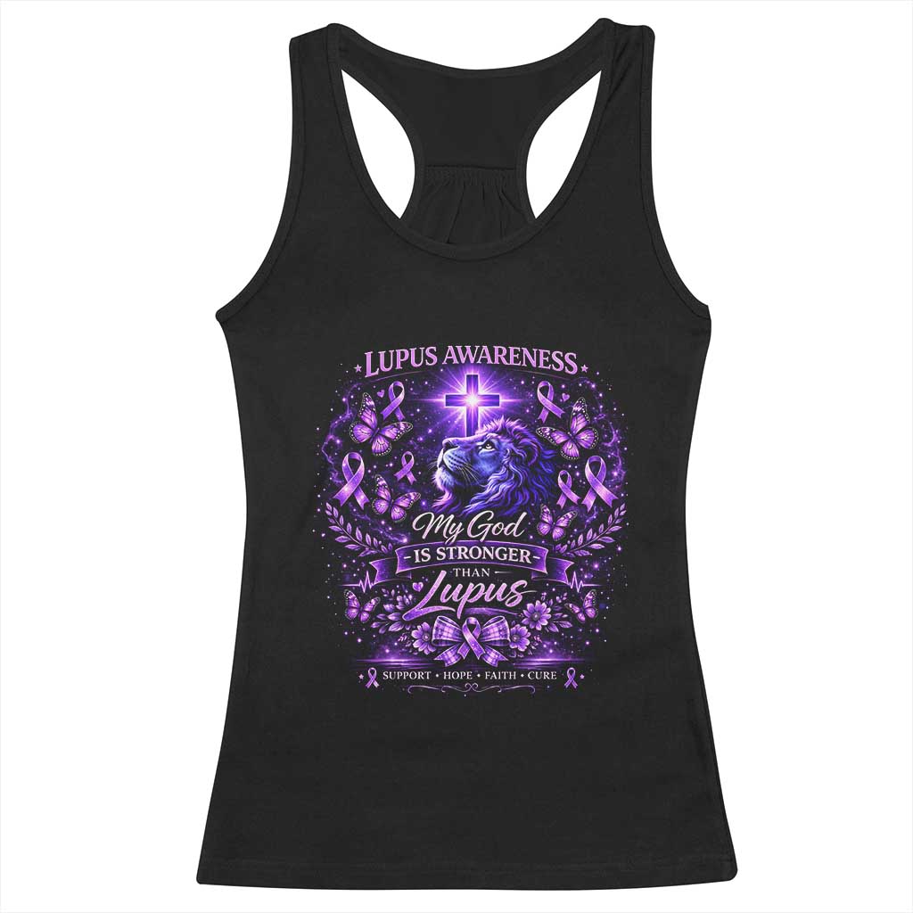 Lupus Awareness Racerback Tank Top Lion Purple Ribbon My God Is Stronger Than Lupus TS10 Black Print Your Wear