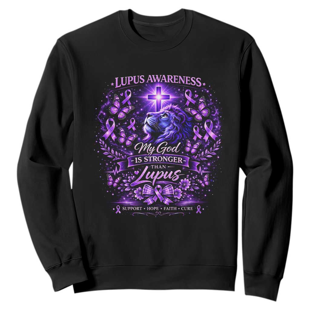 Lupus Awareness Sweatshirt Lion Purple Ribbon My God Is Stronger Than Lupus TS10 Black Print Your Wear