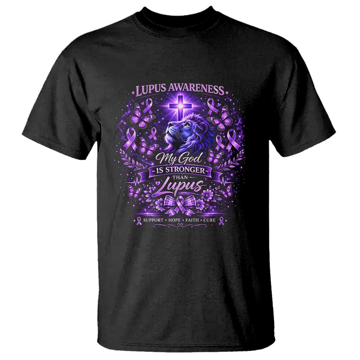 Lupus Awareness T Shirt Lion Purple Ribbon My God Is Stronger Than Lupus TS10 Black Print Your Wear