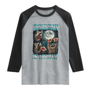 Inclusion Is My Jam Raglan Shirt Raccoon Meme Neurodiversity SPED Teacher Gift TS10 Heather Gray Black Print Your Wear