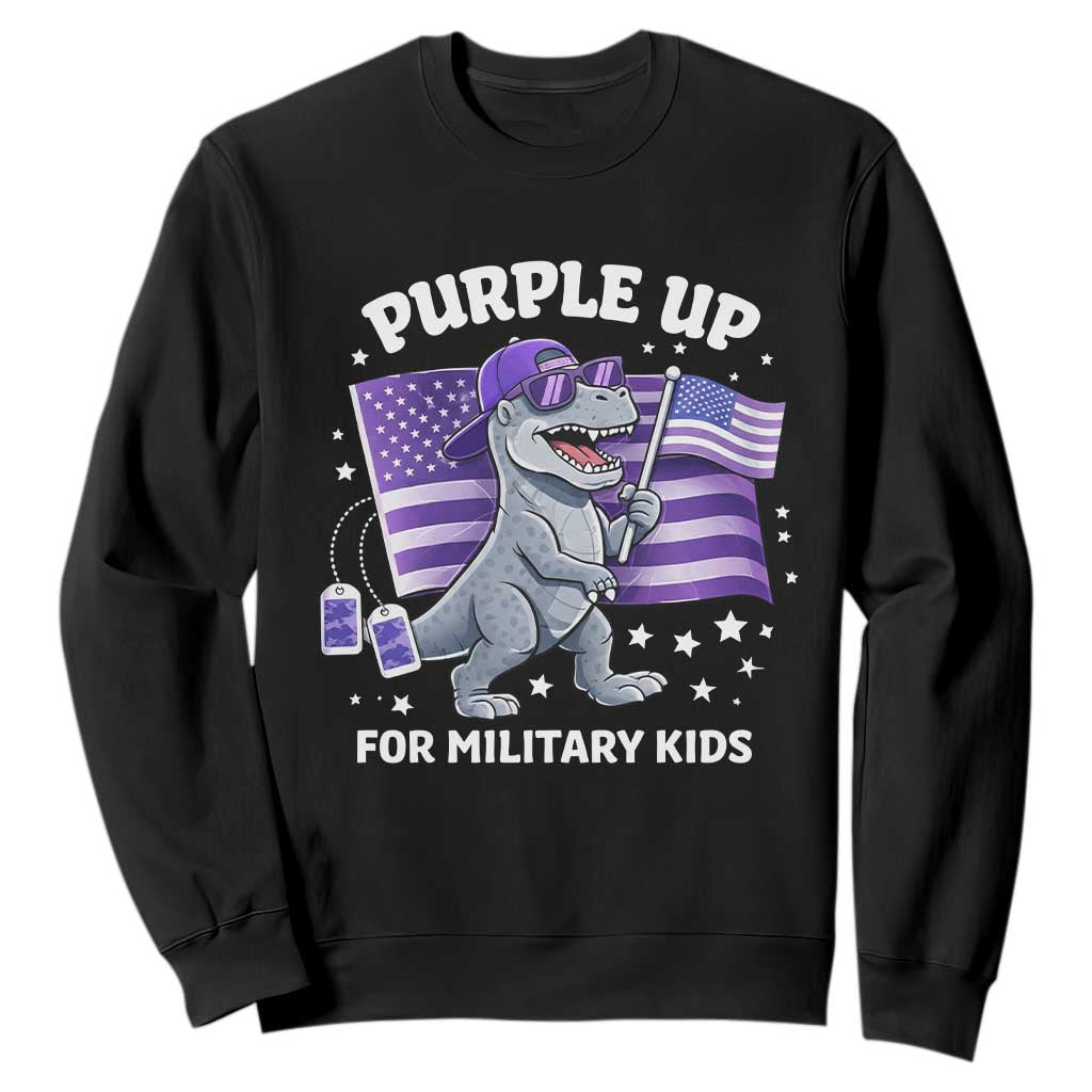 Dinosaur Military Kids Sweatshirt Purple Up For Military Child Month Patriotic USA Flag TS10 Black Print Your Wear