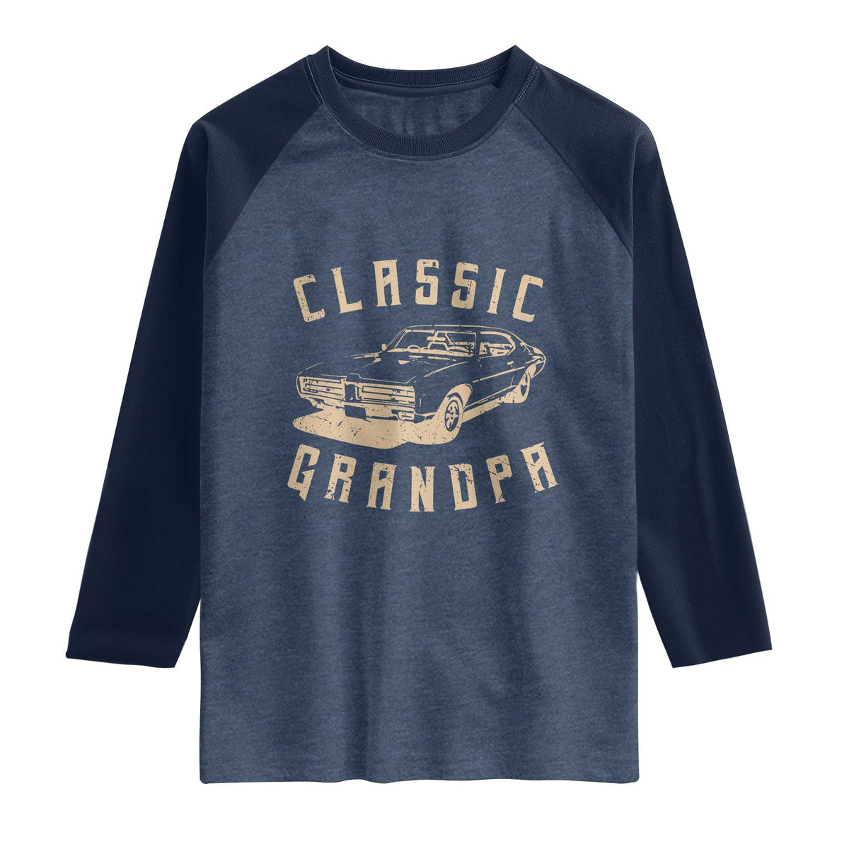 Funny Grandpa Classic Car Graphic Raglan Shirt TS10 Heather Denim Navy Print Your Wear