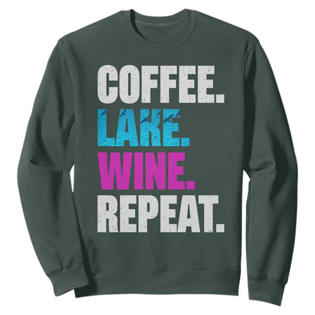 Funny Lake Life Sweatshirt Coffee Lake Wine Repeat TS10 Dark Forest Green Print Your Wear