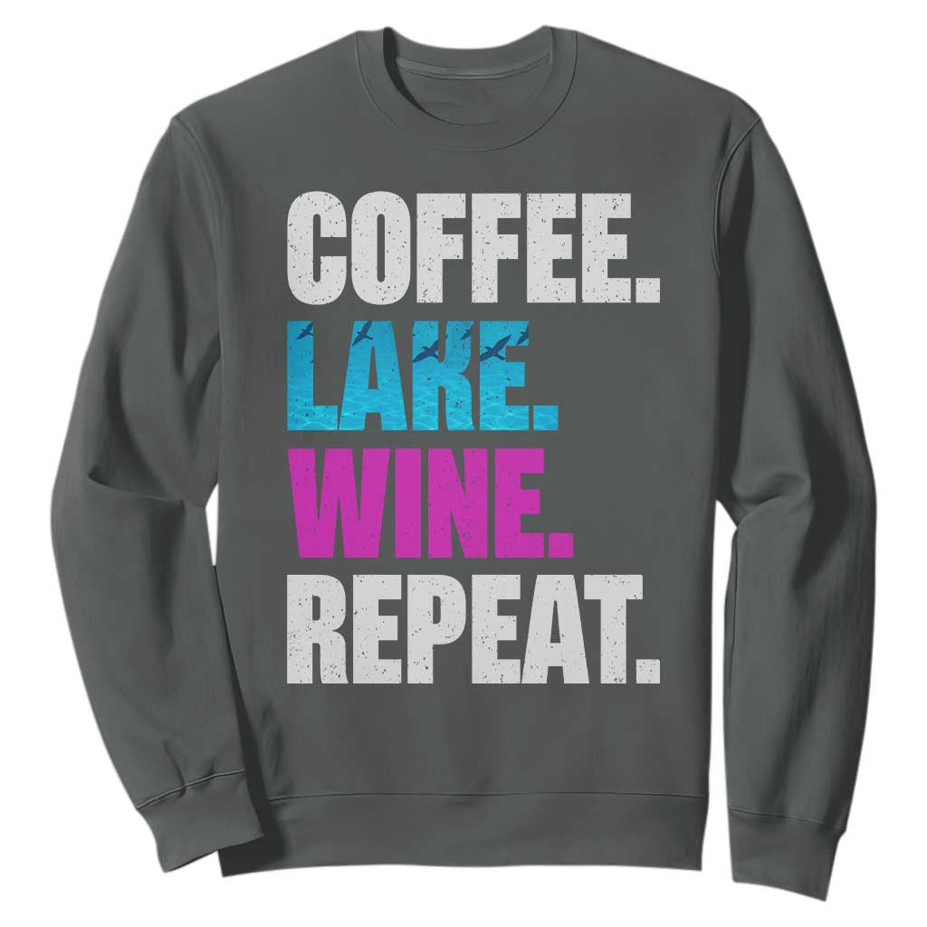 Funny Lake Life Sweatshirt Coffee Lake Wine Repeat TS10 Dark Heather Print Your Wear