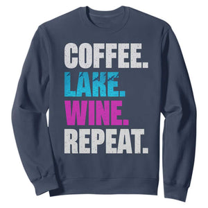 Funny Lake Life Sweatshirt Coffee Lake Wine Repeat TS10 Navy Print Your Wear