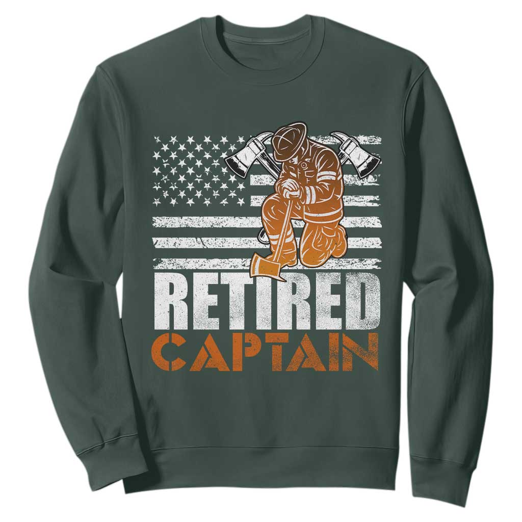 Retired Firefighter Captain Sweatshirt Vintage Retirement Gifts Fireman American Flag TS10 Dark Forest Green Print Your Wear