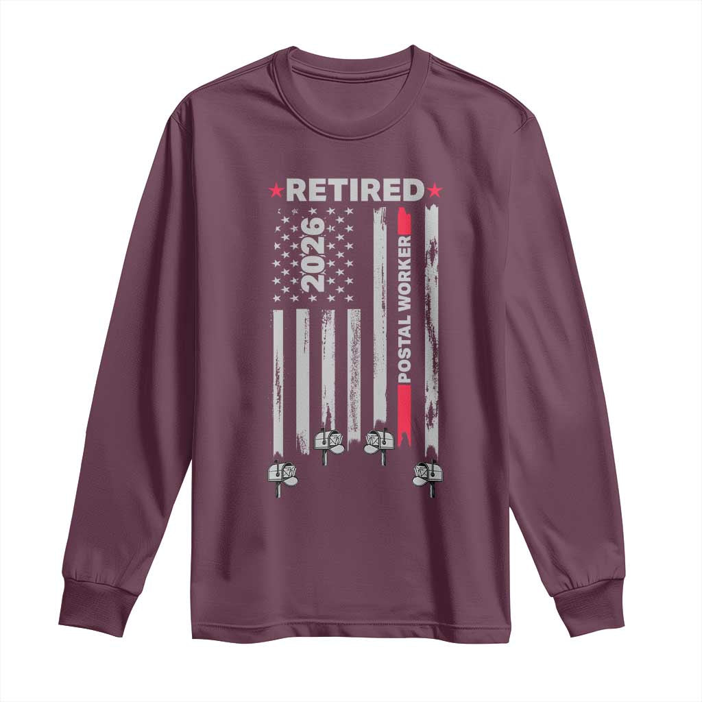 Retired Postal Worker 2026 Long Sleeve Shirt Retro US Flag Mailman Postman Retirement Gifts TS10 Maroon Print Your Wear
