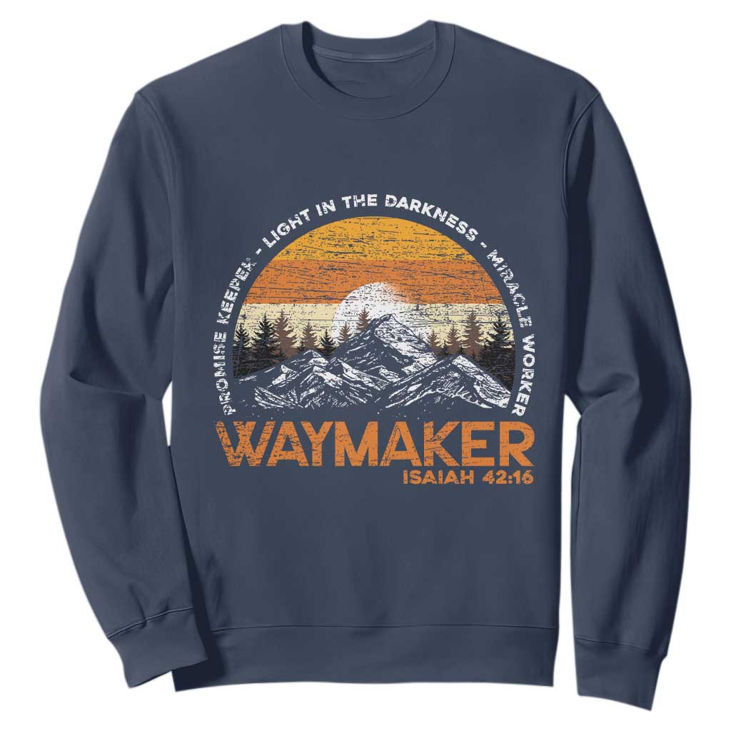 Vintage Christian Sweatshirt Isaiah 42:16 Waymaker Promise Keeper Miracle Worker TS10 Navy Print Your Wear