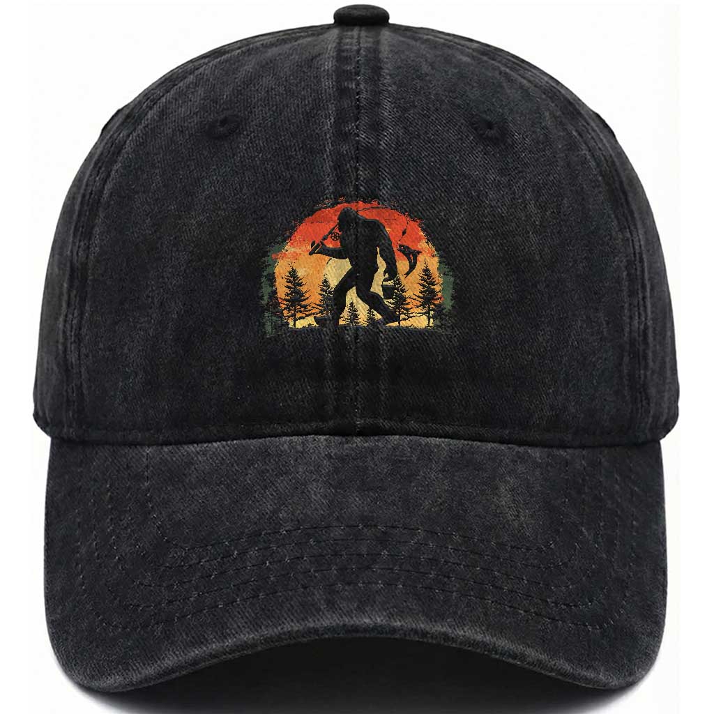 Bigfoot Fishing Washed Cotton Baseball Cap Funny Retro Sasquatch Fisherman Dad TS10 Print Your Wear