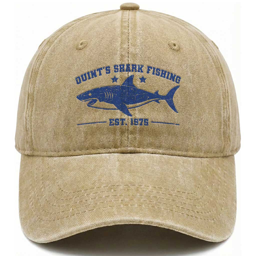 Retro Fisher Birthday Washed Cotton Baseball Cap Vintage Quints Shark Fishing 1975 TS10 Print Your Wear