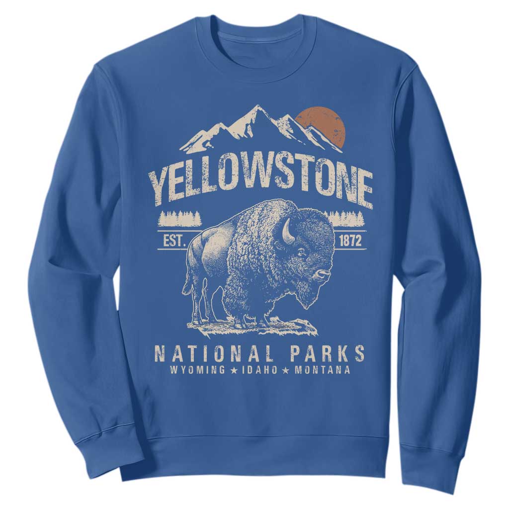 Vintage Yellowstone National Park Sweatshirt Retro Bison Nature Wildlife Forest TS10 Royal Blue Print Your Wear