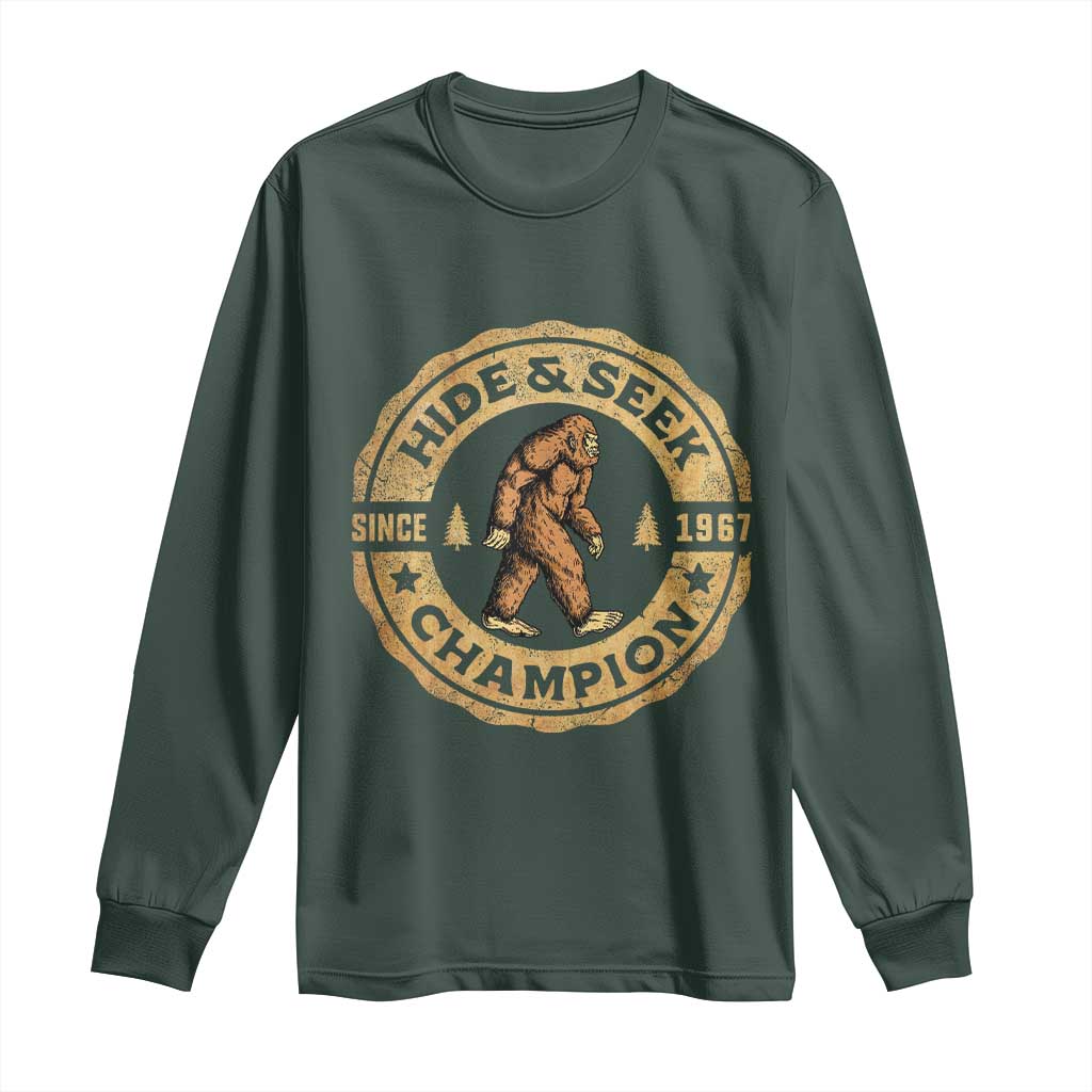 Retro Bigfoot Believer Long Sleeve Shirt Undefeated Sasquatch Hide And Seek Cryptozoology TS10 Dark Forest Green Print Your Wear
