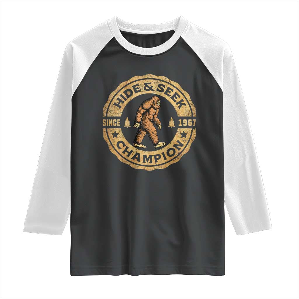 Retro Bigfoot Believer Raglan Shirt Undefeated Sasquatch Hide And Seek Cryptozoology TS10 Black White Print Your Wear