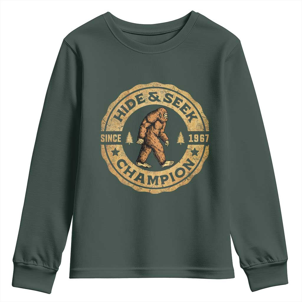Retro Bigfoot Believer Youth Sweatshirt Undefeated Sasquatch Hide And Seek Cryptozoology TS10 Dark Forest Green Print Your Wear