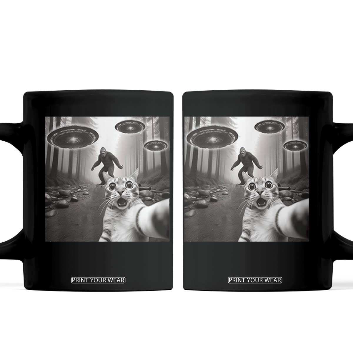 Cat Selfie With Bigfoot UFO Coffee Mug Funny Cat Lover Gifts TS10 Black Print Your Wear