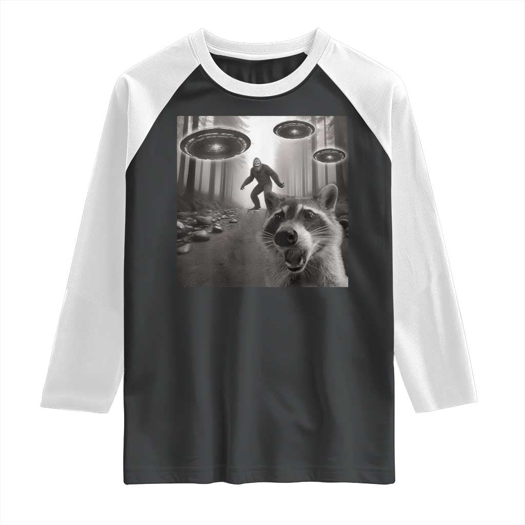 Raccoon Selfie With Bigfoot UFO Raglan Shirt Funny Feral Lover Gifts TS10 Black White Print Your Wear