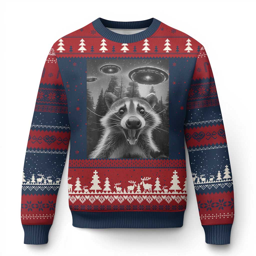 Racoon Meme Ugly Christmas Sweater Selfie With Alien UFO TS10 Navy Red Print Your Wear