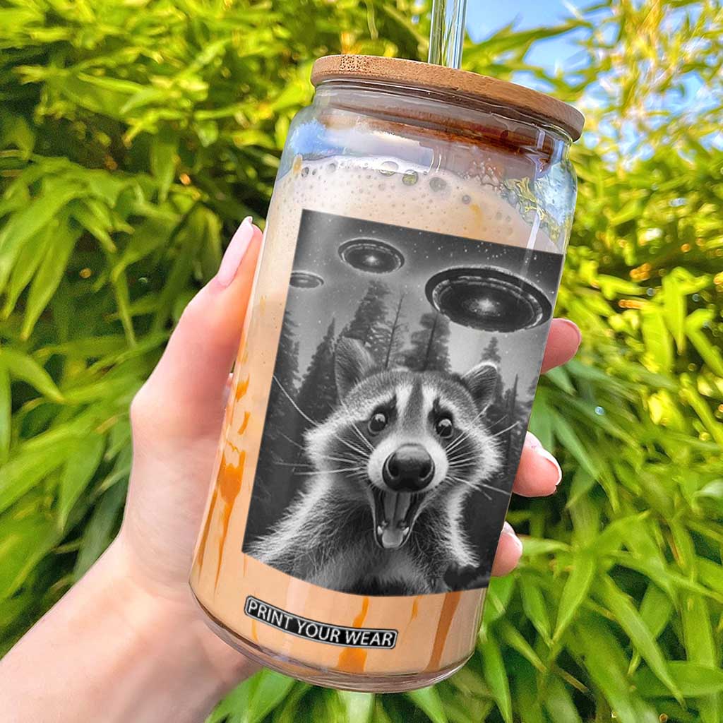 Racoon Meme Glass Can Selfie With Alien UFO TS10 Black Print Your Wear