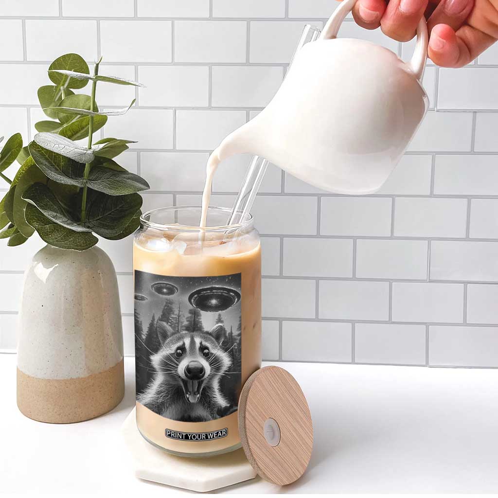 Racoon Meme Glass Can Selfie With Alien UFO TS10 Print Your Wear