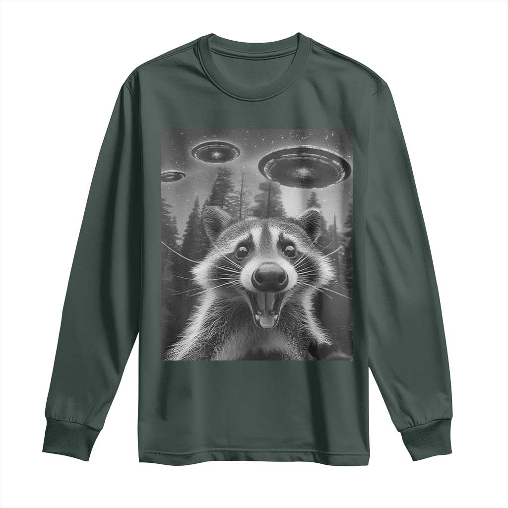 Racoon Meme Long Sleeve Shirt Selfie With Alien UFO TS10 Dark Forest Green Print Your Wear