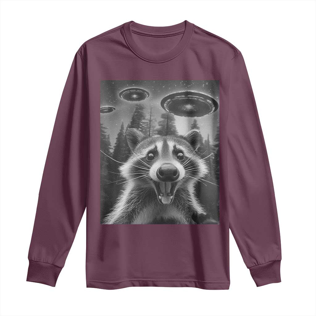 Racoon Meme Long Sleeve Shirt Selfie With Alien UFO TS10 Maroon Print Your Wear