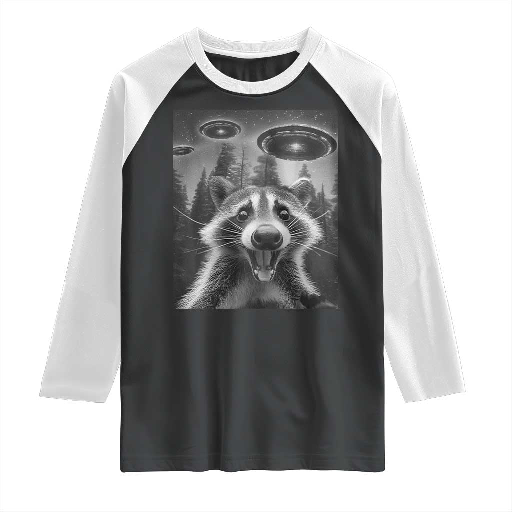 Racoon Meme Raglan Shirt Selfie With Alien UFO TS10 Black White Print Your Wear