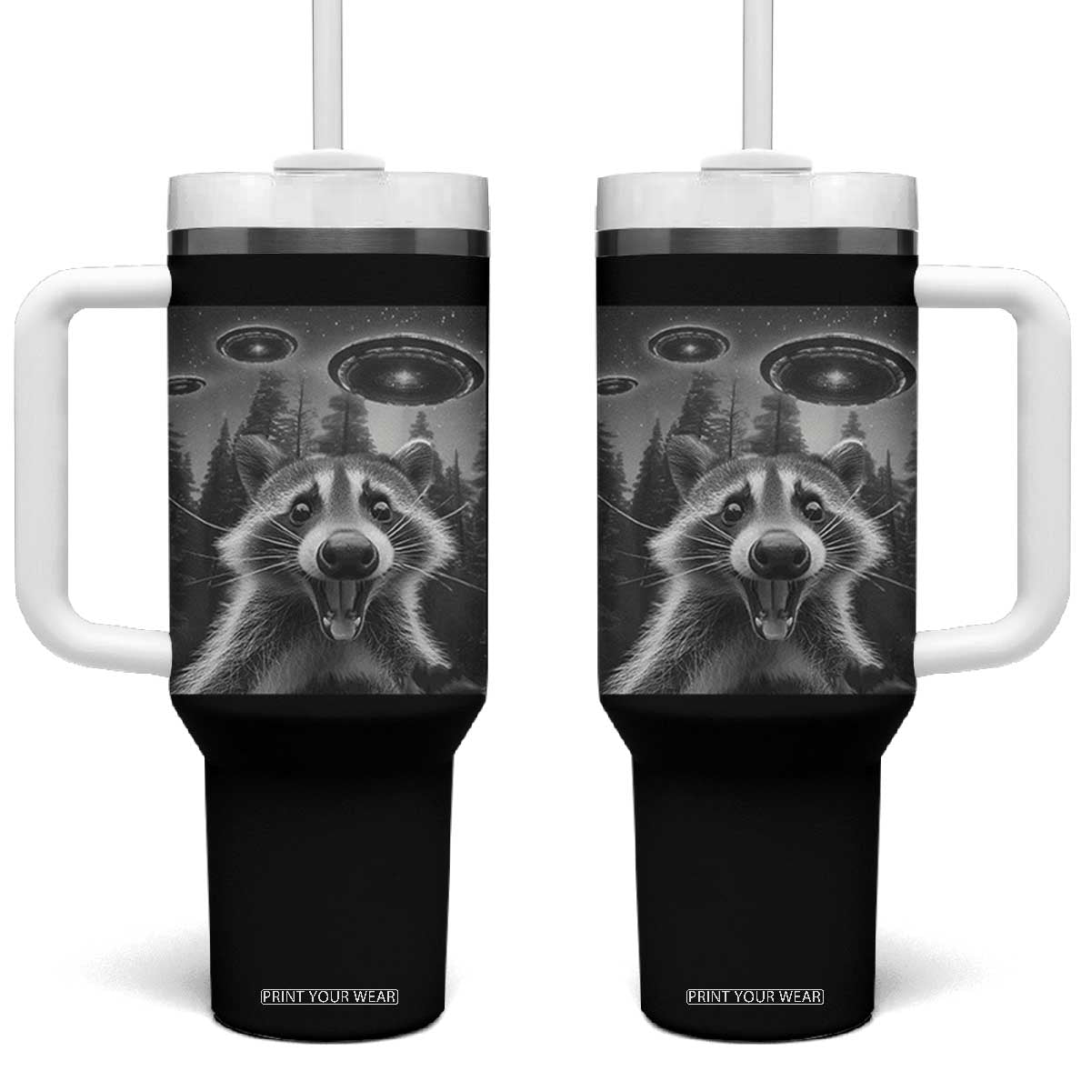 Racoon Meme Tumbler With Handle Selfie With Alien UFO TS10 One Size: 40 oz Black Print Your Wear