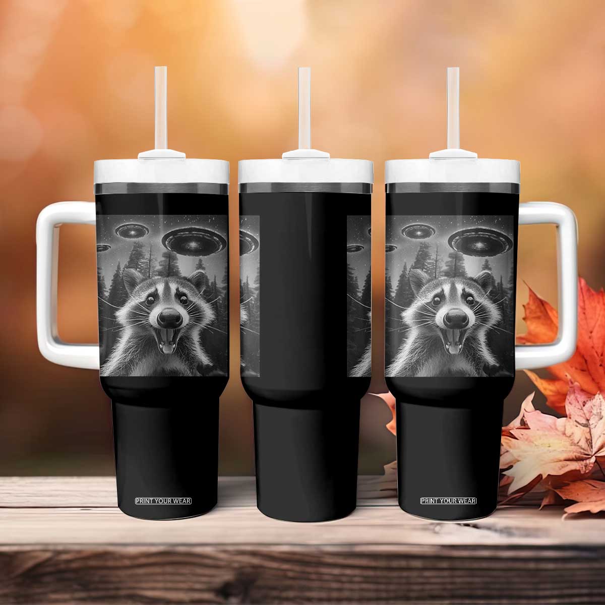 Racoon Meme Tumbler With Handle Selfie With Alien UFO TS10 Print Your Wear