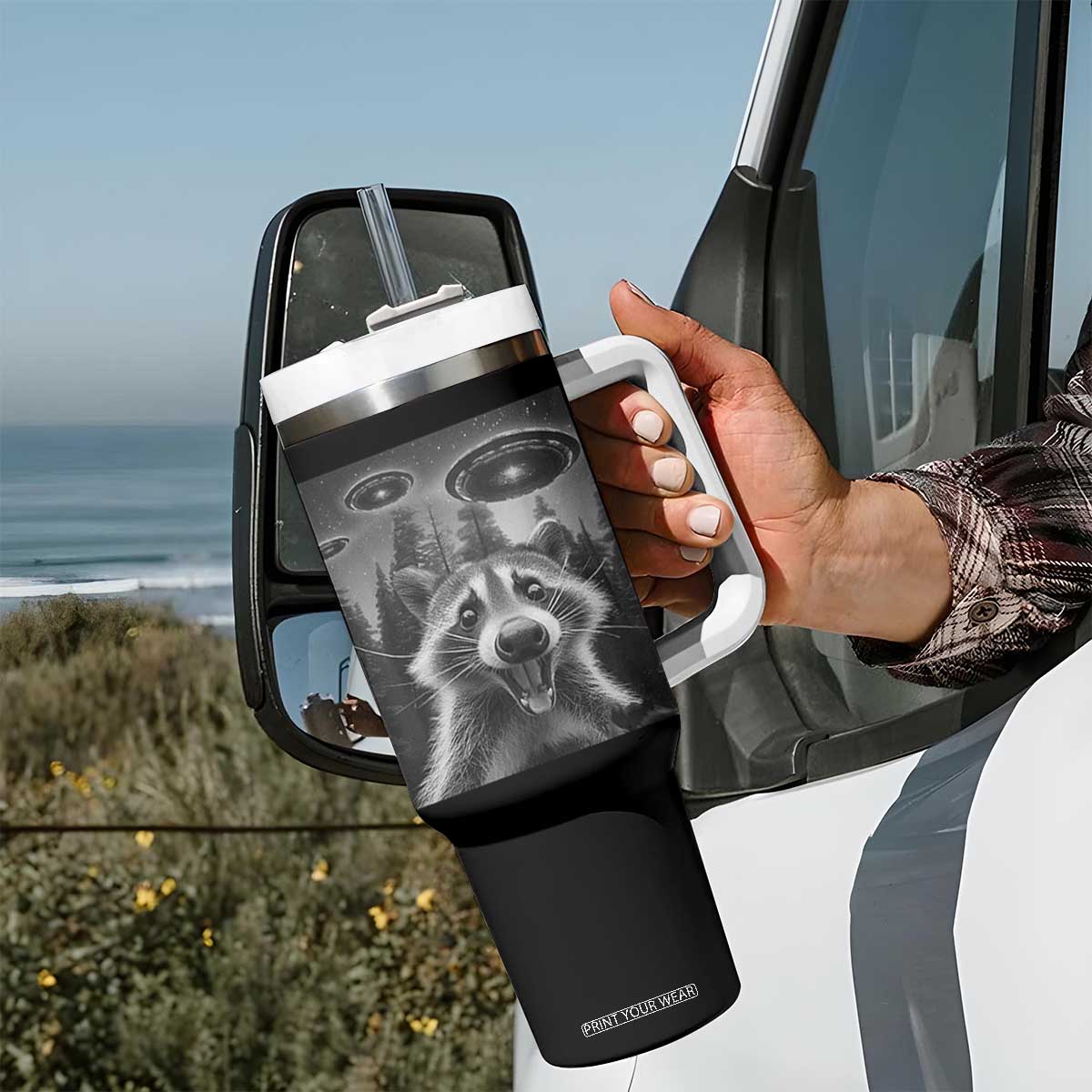 Racoon Meme Tumbler With Handle Selfie With Alien UFO TS10 Print Your Wear