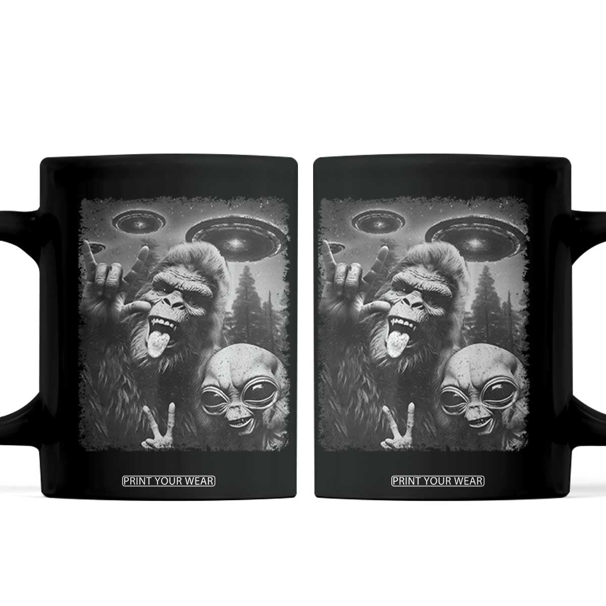 Bigfoot Selfie With Alien Coffee Mug UFO Funny Sasquatch Rock On Hand Sign TS10 Black Print Your Wear