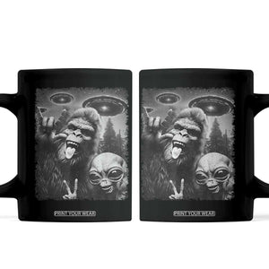 Bigfoot Selfie With Alien Coffee Mug UFO Funny Sasquatch Rock On Hand Sign TS10 Black Print Your Wear