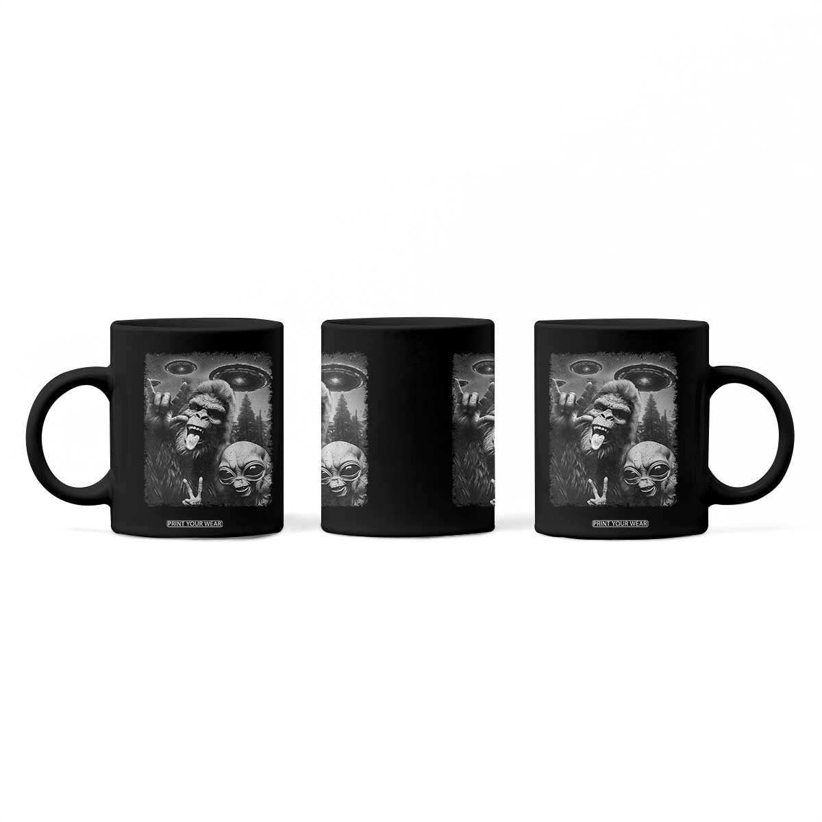 Bigfoot Selfie With Alien Coffee Mug UFO Funny Sasquatch Rock On Hand Sign TS10 Print Your Wear
