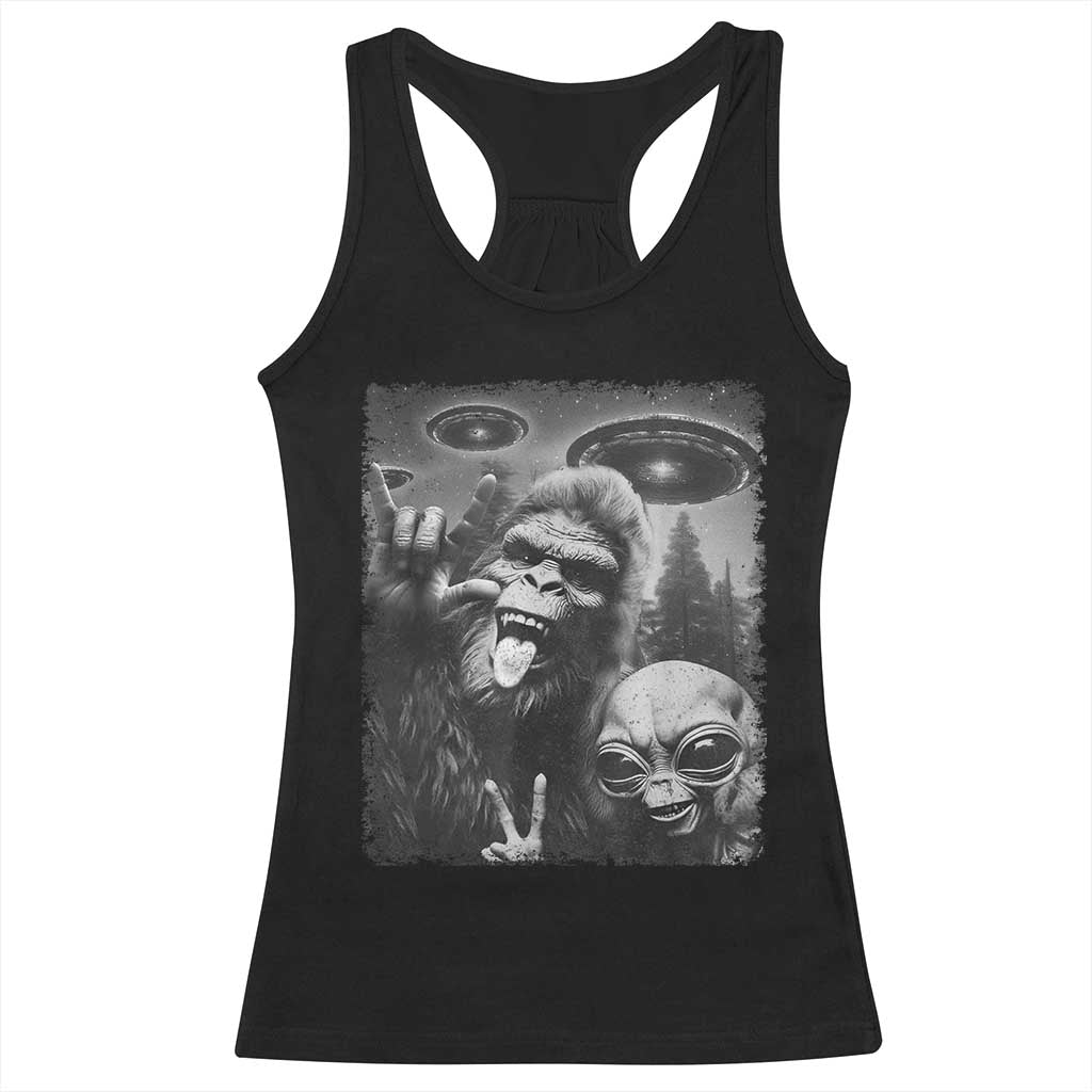 Bigfoot Selfie With Alien Racerback Tank Top UFO Funny Sasquatch Rock On Hand Sign TS10 Black Print Your Wear