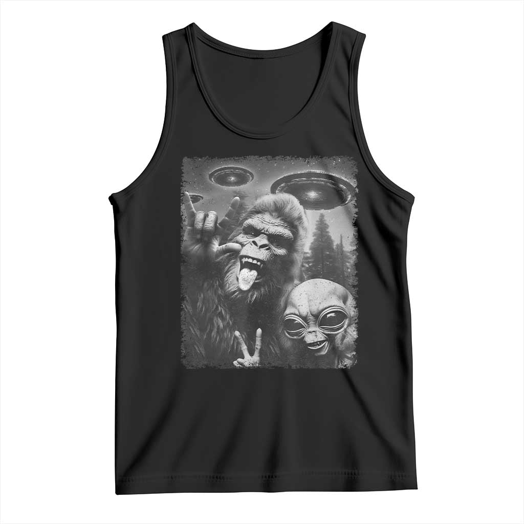 Bigfoot Selfie With Alien Tank Top UFO Funny Sasquatch Rock On Hand Sign TS10 Black Print Your Wear