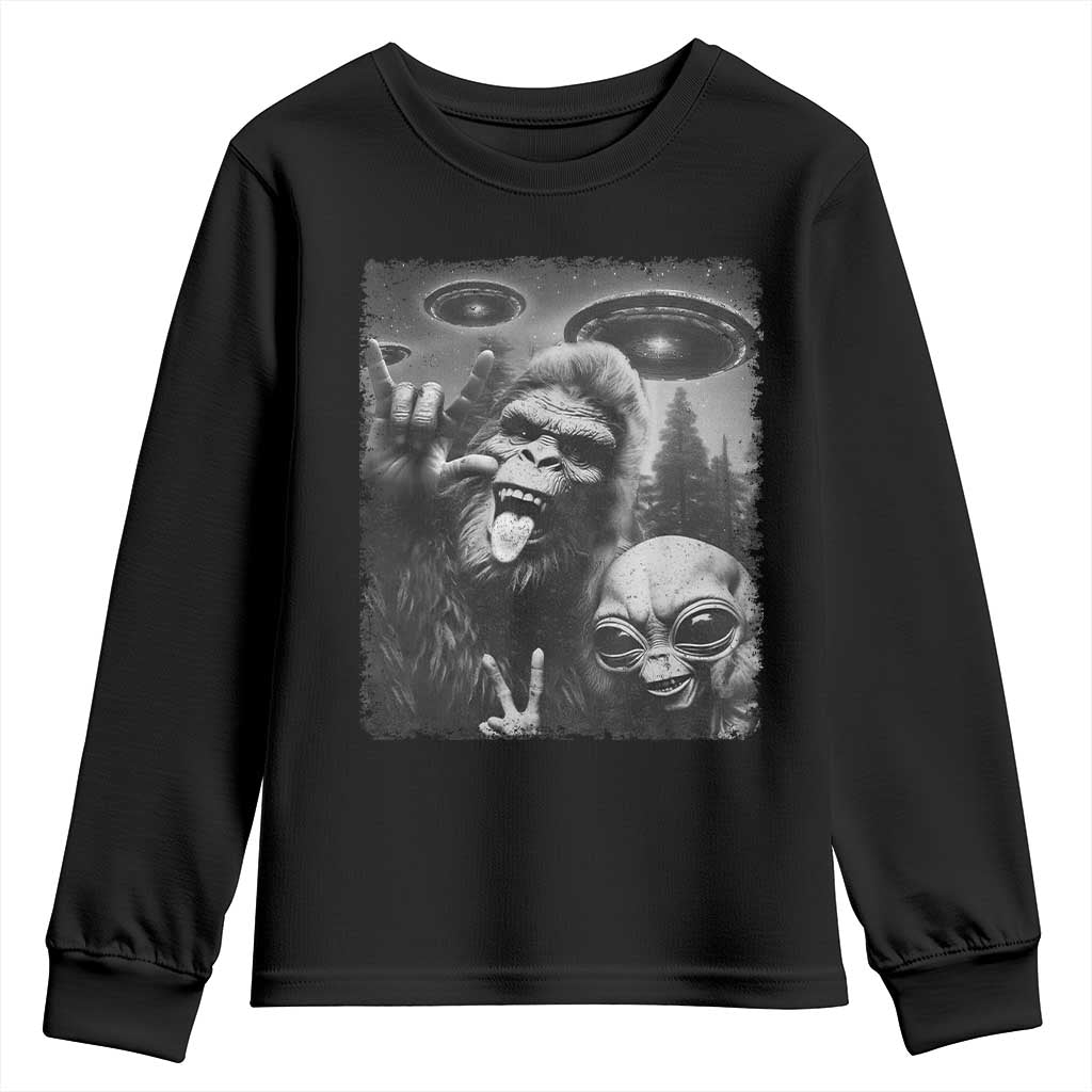 Bigfoot Selfie With Alien Youth Sweatshirt UFO Funny Sasquatch Rock On Hand Sign TS10 Black Print Your Wear
