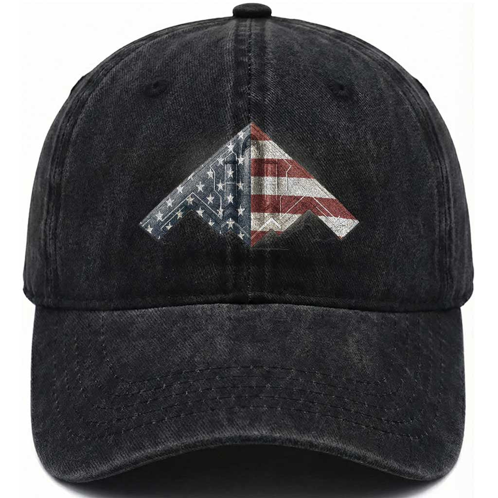 B2 Spirit Washed Cotton Baseball Cap B-2 Bomber Stealth Aircraft Schematic American Flag TS10 Washed Cap Universal Fit Black Print Your Wear