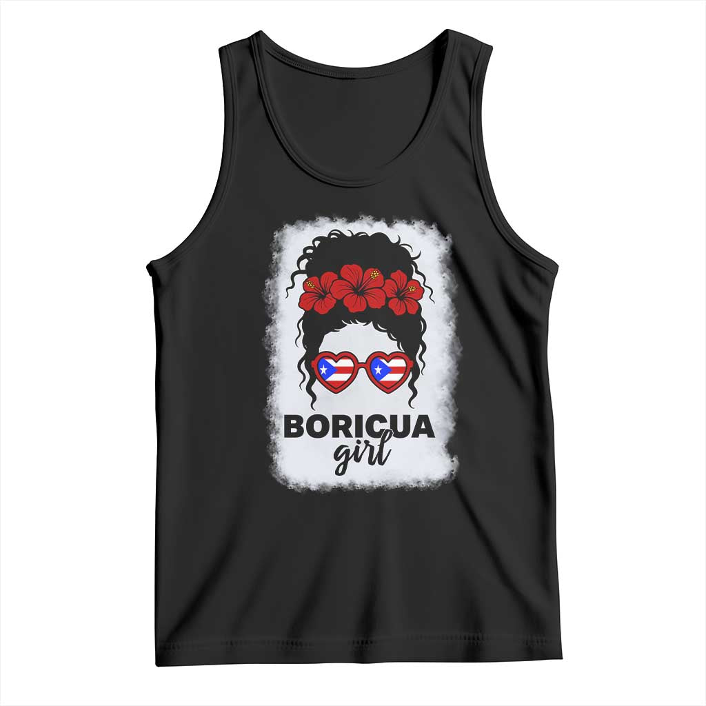 Boricua Girl Tank Top Messy Bun Puerto Rican Flag Hibiscus Flower TS10 Black Print Your Wear