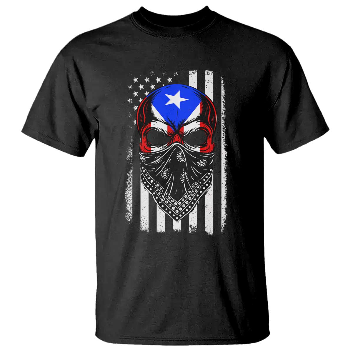 Skull Puerto Rican American Flag T Shirt With Bandana TS10 Black Print Your Wear