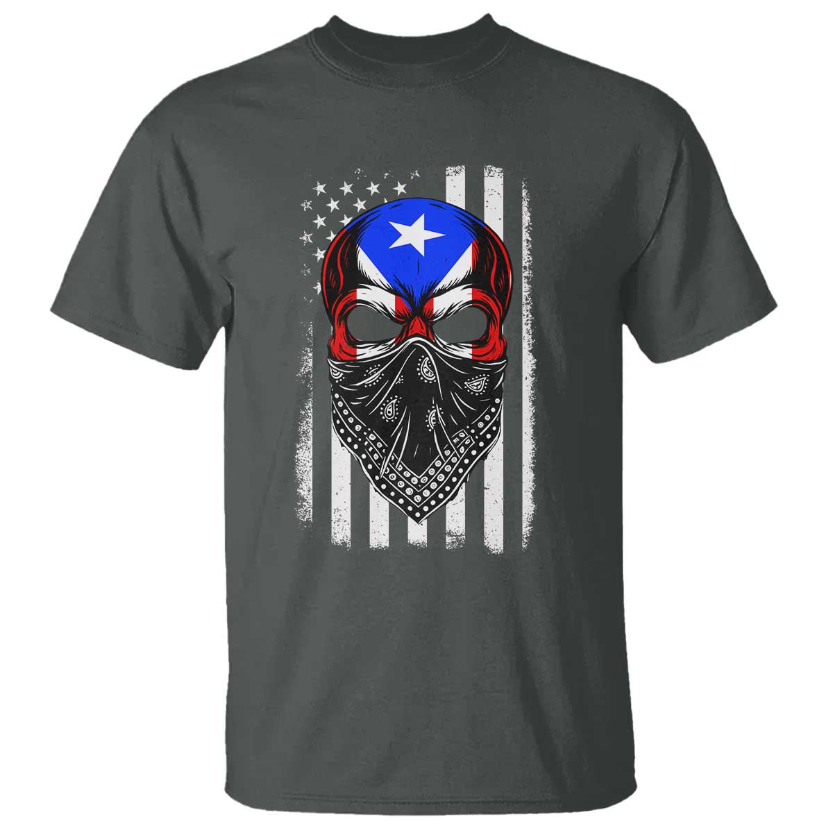 Skull Puerto Rican American Flag T Shirt With Bandana TS10 Dark Heather Print Your Wear