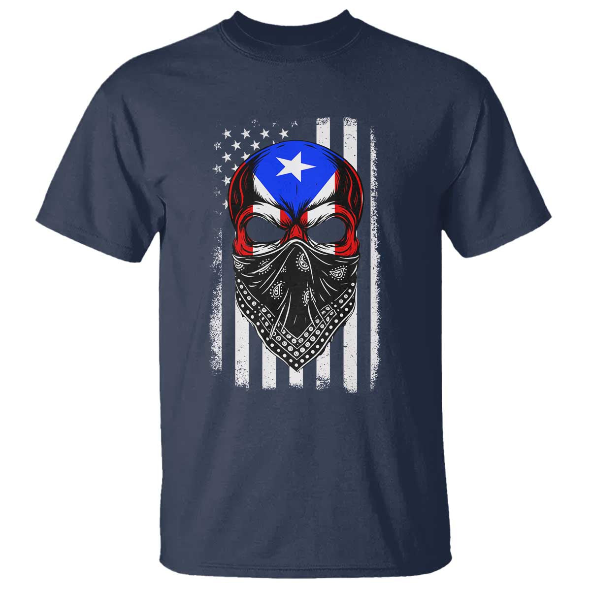Skull Puerto Rican American Flag T Shirt With Bandana TS10 Navy Print Your Wear
