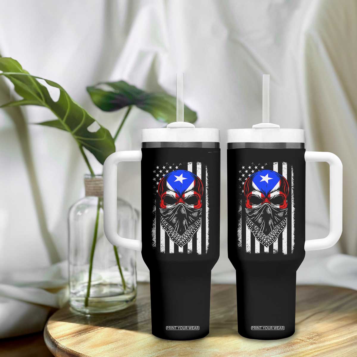 Skull Puerto Rican American Flag Tumbler With Handle With Bandana TS10 Print Your Wear