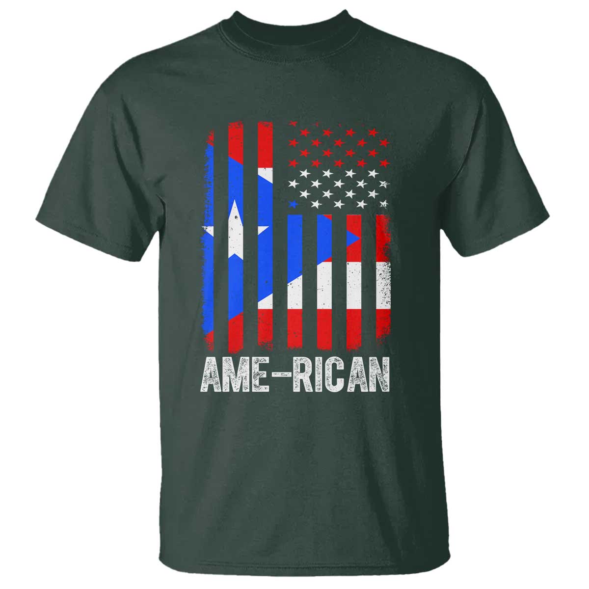 Puerto Rican American Flag T Shirt AME-RICAN Boricua Pride TS10 Dark Forest Green Print Your Wear