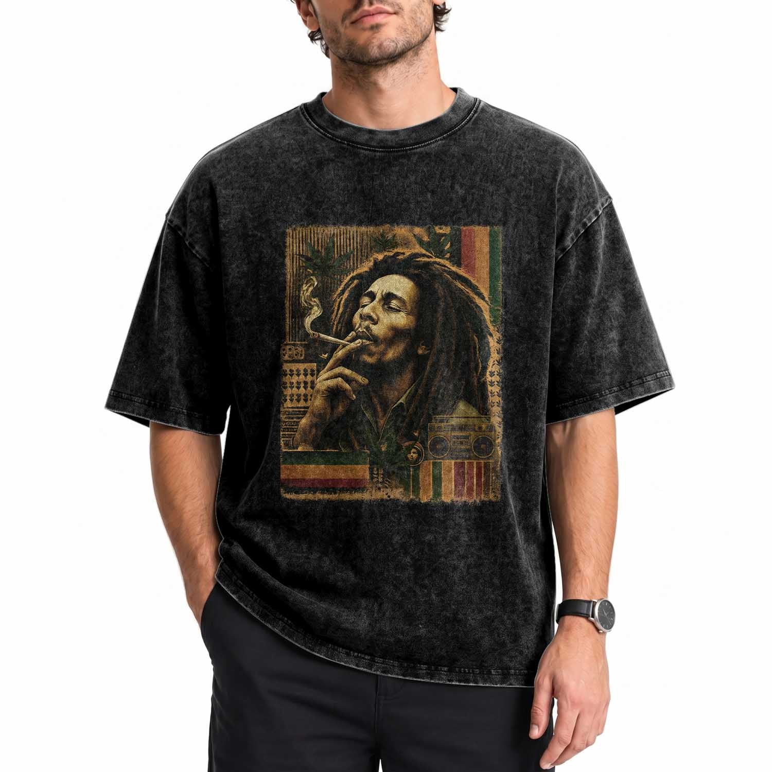 Vintage Marley Guitarist Washed Cotton T-Shirt Rastaman Rastafari Music Vibes Only Rasta Jamaica Reggae