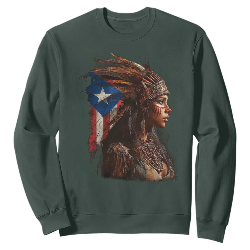 Puerto Rico Taino Warrior Woman Sweatshirt Boricua Pride TS10 Dark Forest Green Print Your Wear