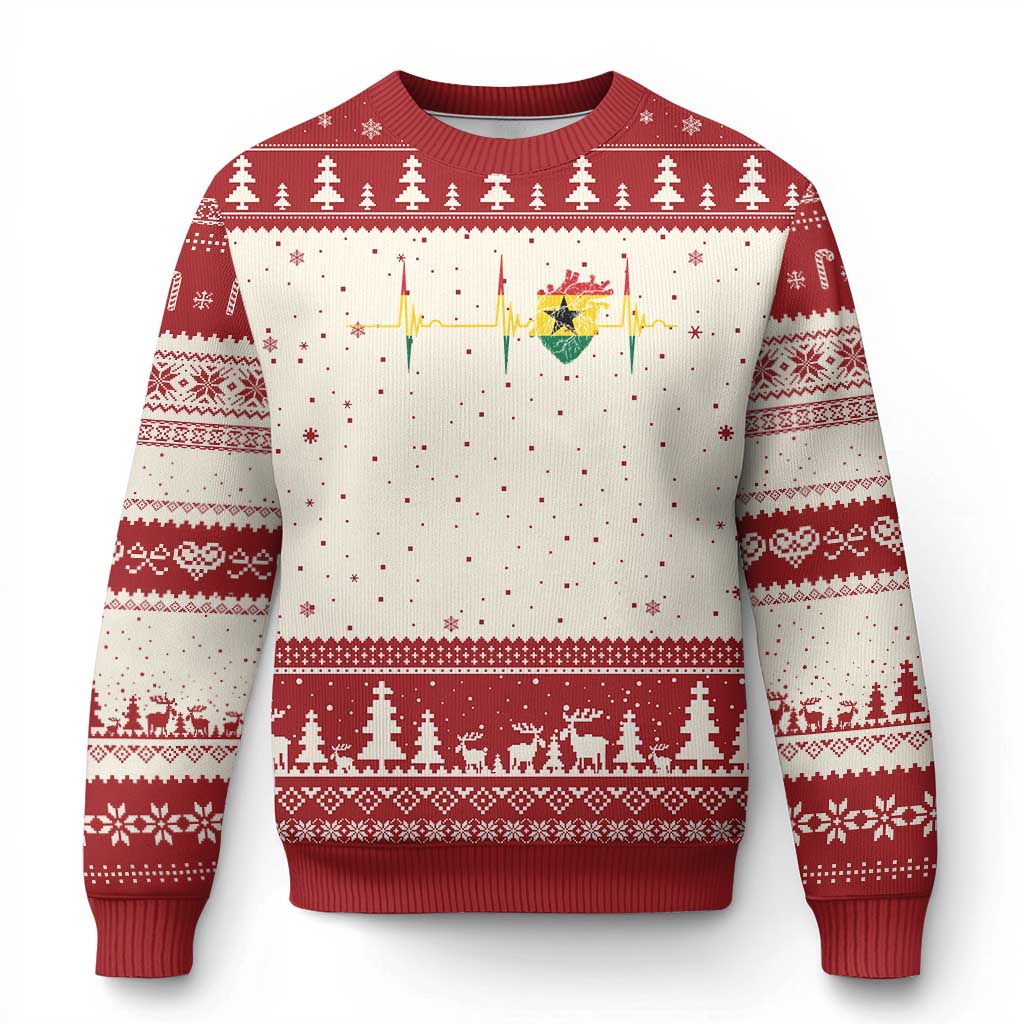 Heart Ghana Flag Ugly Christmas Sweater Heartbeat EKG Pulse Proud Ghanaian TS10 Beige Red Print Your Wear