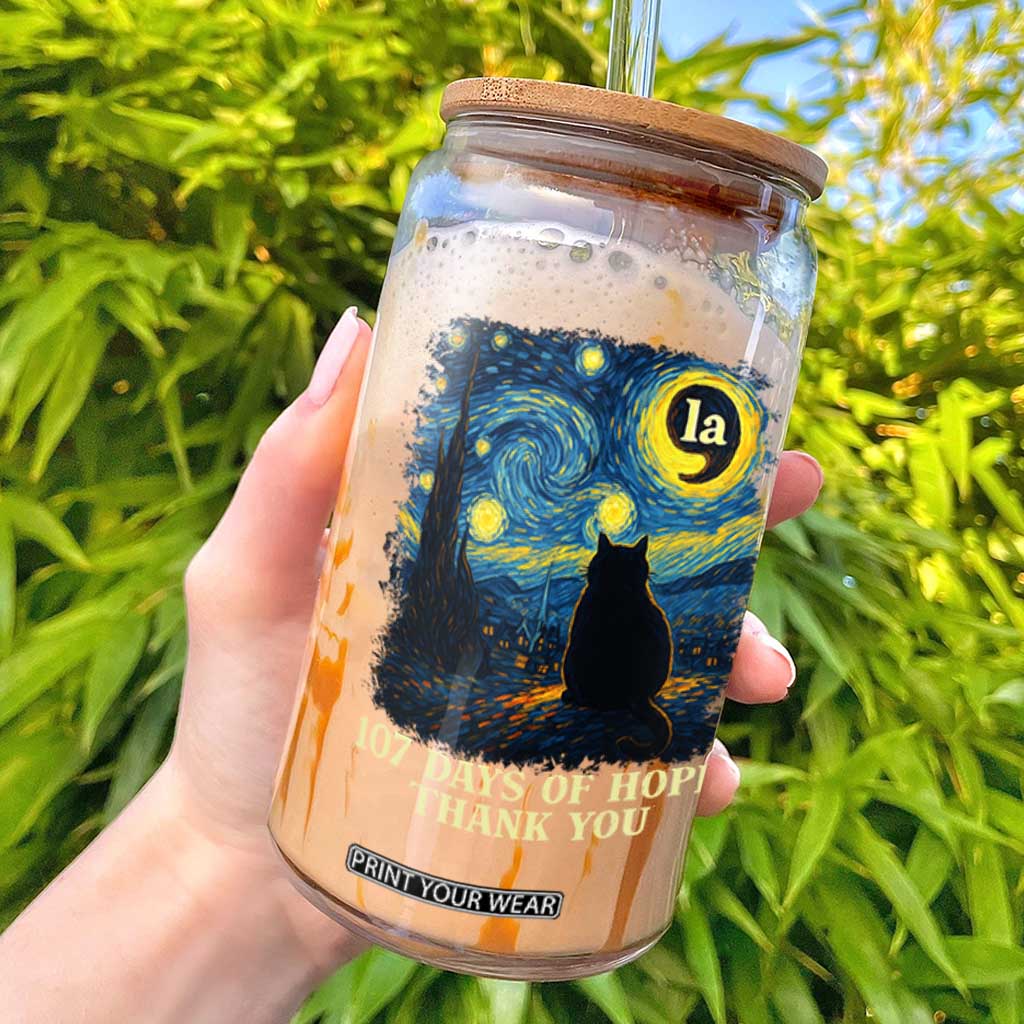 107 Days of Hope Thank You Kamala Glass Can Cat Starry Night Van Gogh Comma La Harris TS10 Black Print Your Wear